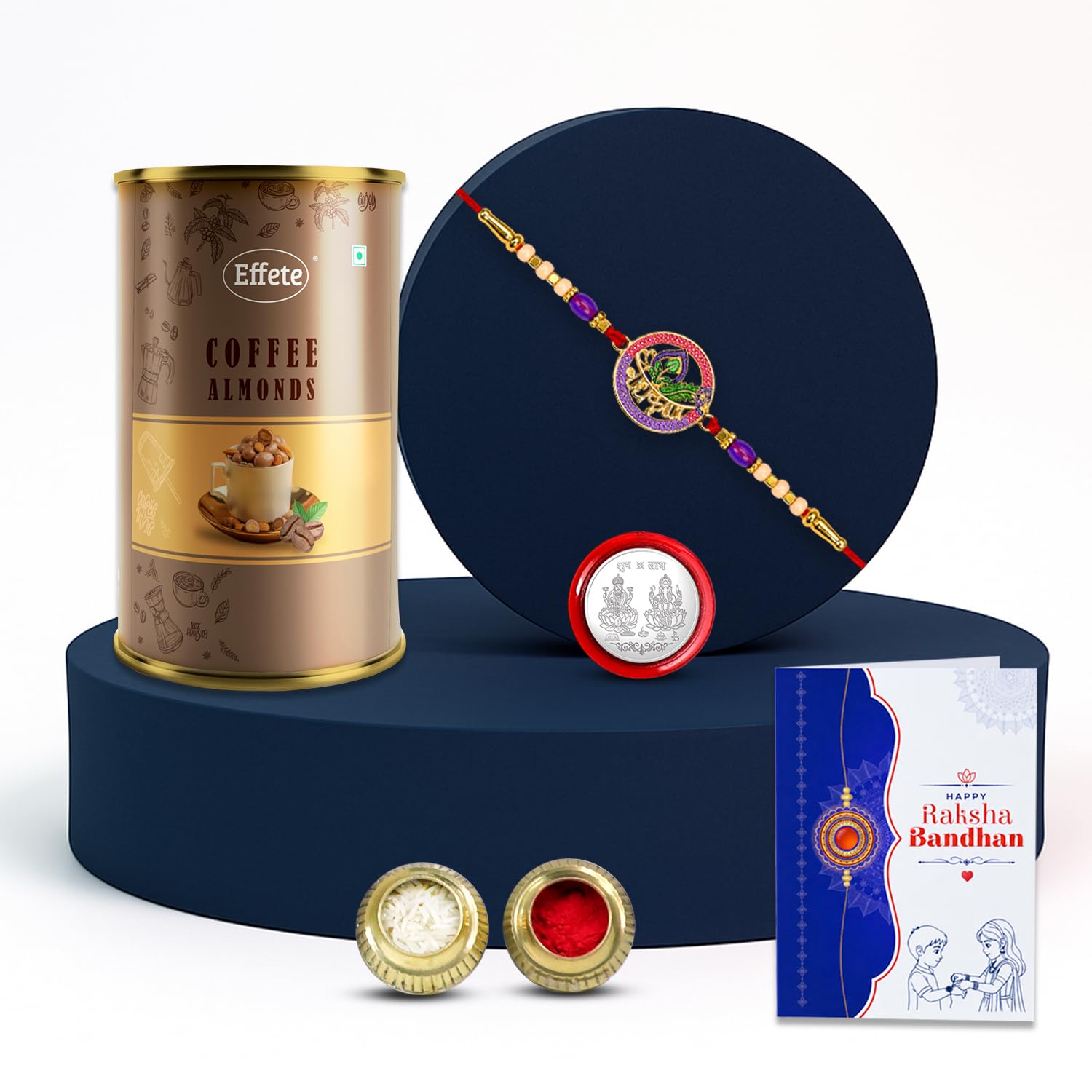 Rakhi with Chocolate for Brother – Brother Special Raksha Bandhan Combo with Rakhi, Chocolate, Greeting Card, Roli Chawal & Silver Color Coin (Pack of 5)