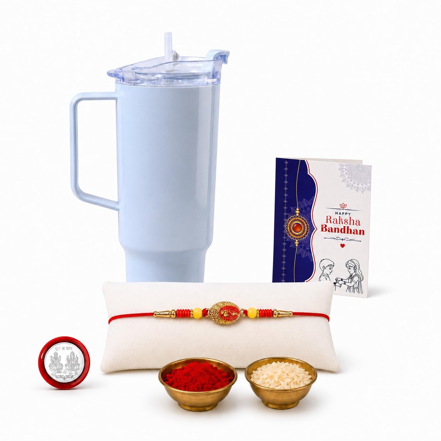 Om Multicolor Rakhi for Brother & Bhaiya with Travel Tumbler-1800ml | Pack of 5