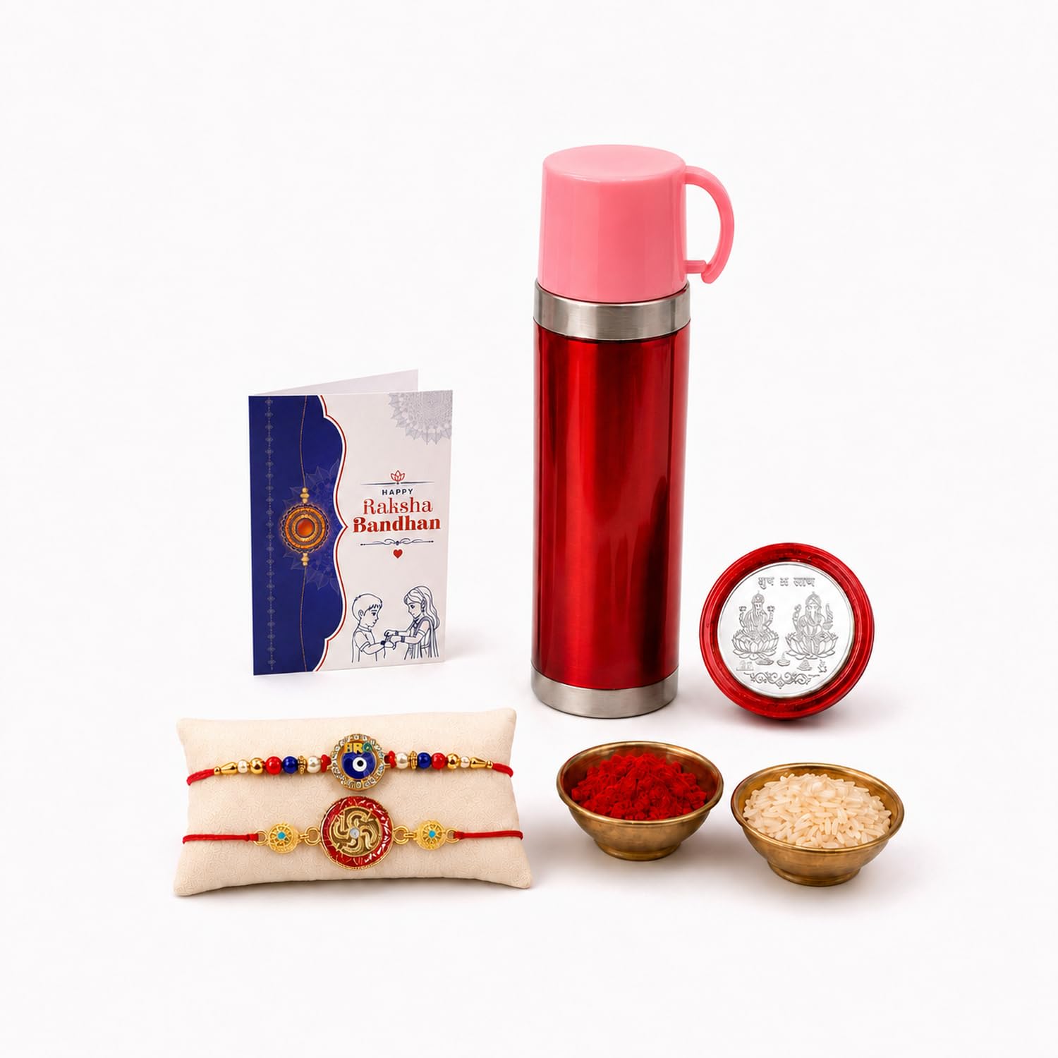 Swastik, Evil Eye Rakhi Combo - Raksha Bandhan Gift with Travel Mug 500ml, Pack of 6