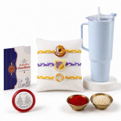 Unique Motif Rakhi Combo - Raksha Bandhan Gift with Travel Tumbler 1800ml, Pack of 7