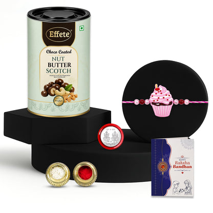 Cupcake Rakhi for Brother with Butter Scotch 96gm, Roli Chawal & Card, Pack of 5