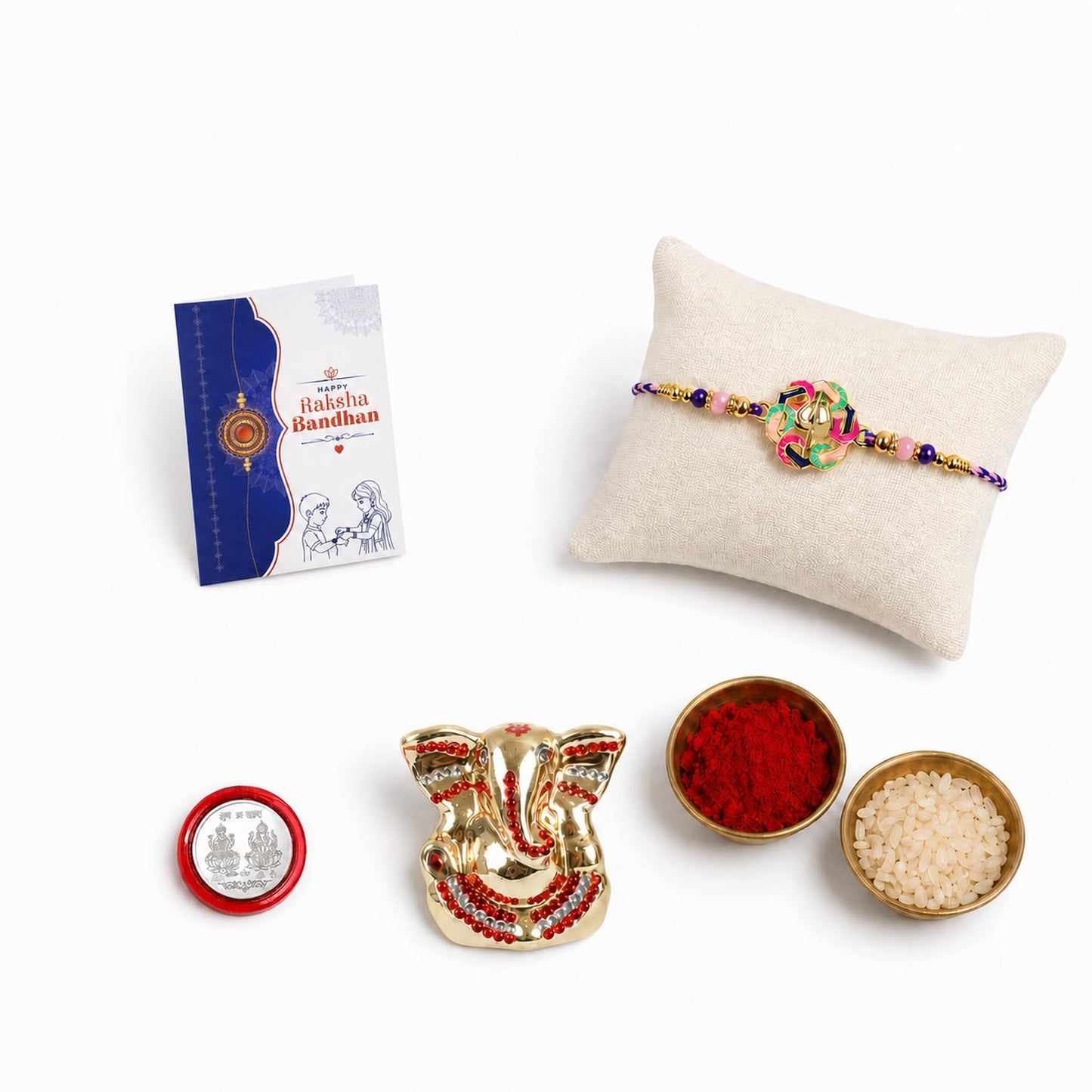 Rakhi for Bhai – Ganesh Idol Rakhi | Silver Coin, Roli Chawal Gift Combo (Pack of 4) For Raksha Bandhan