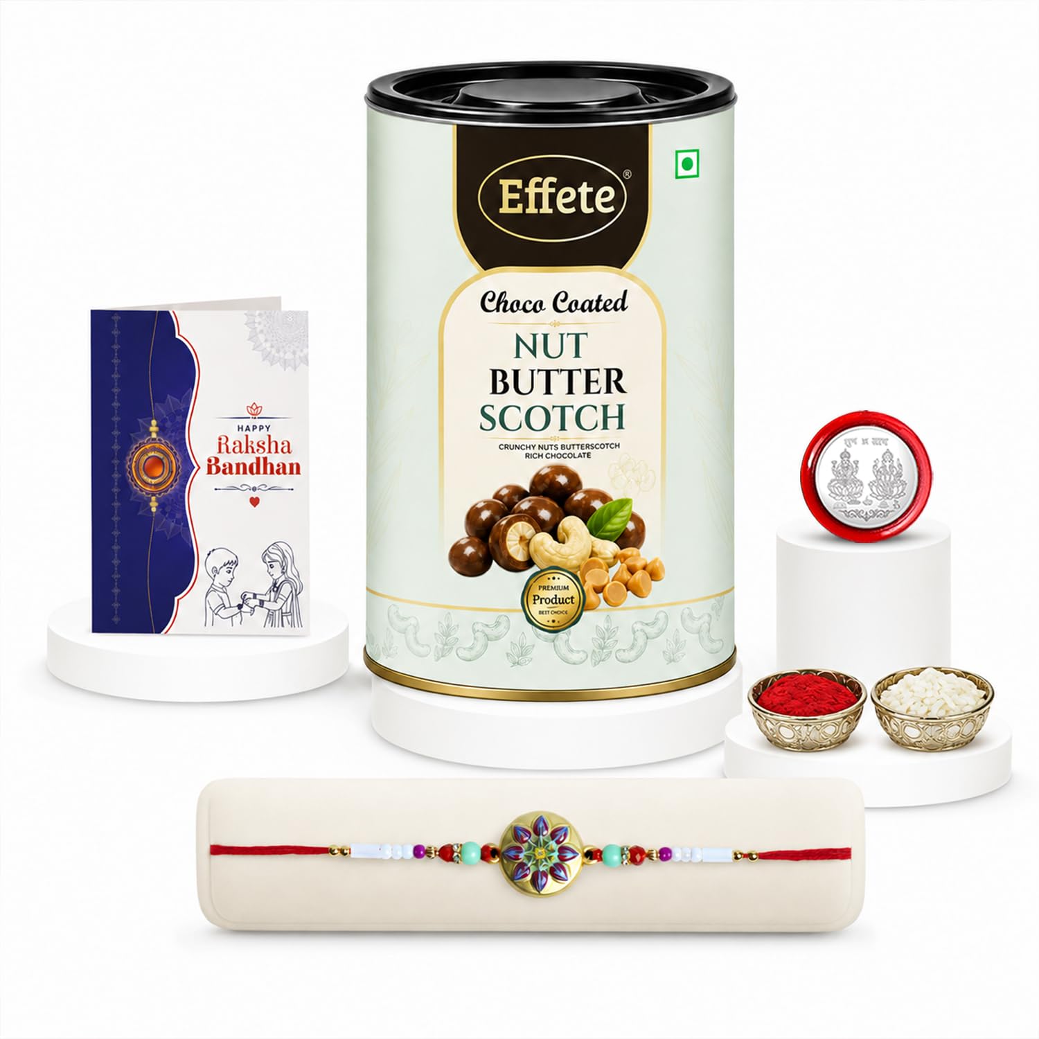 Floral Rakhi for Brother with Butter Scotch 96gm, Roli Tikka & Card, Pack of 5