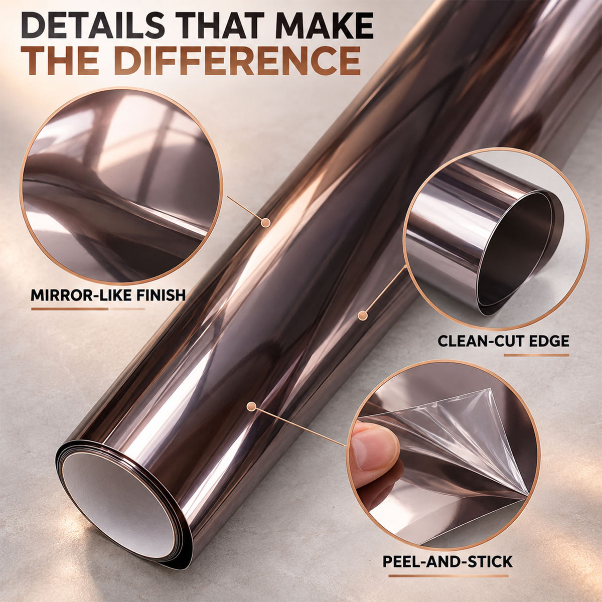 Close-up of a rolled reflective film highlighting its mirror-like finish, clean-cut edge, and peel-and-stick application.
