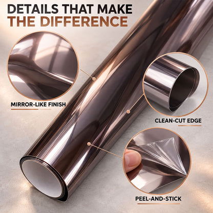 Close-up of a rolled reflective film highlighting its mirror-like finish, clean-cut edge, and peel-and-stick application.