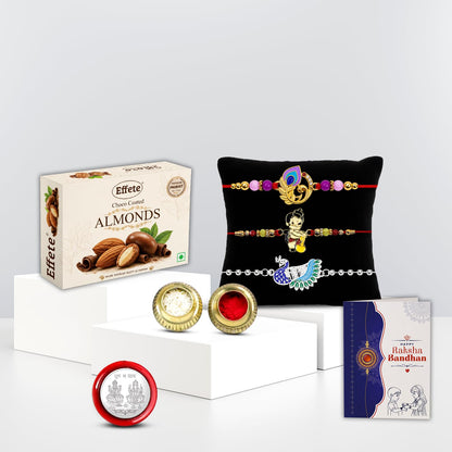 Rakhi with Chocolate for Brother (Set of 7) – Raksha Bandhan Festival Celebrations with Bal Hanuman, Feather & Peacock Design Rakhi, Chocolate, Roli Chawal, Silver Color Coin & Greeting Card