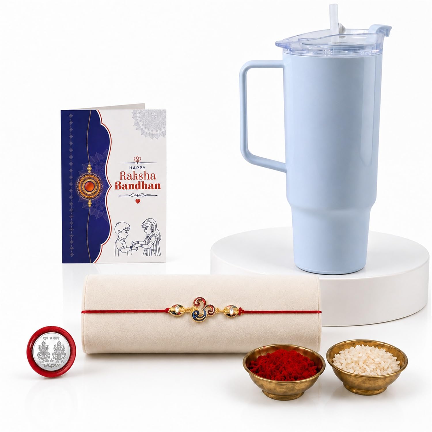 OM Multicolor Rakhi for Brother & Bhaiya with Travel Tumbler-1800ml | Pack of 5