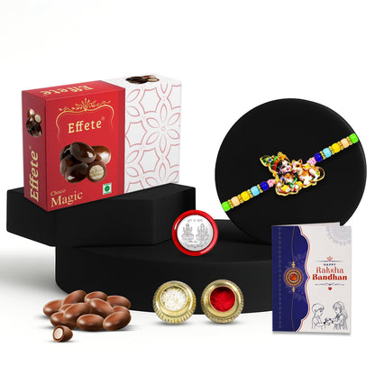 Rakhi with Chocolate for Brother – Elegant Rakhi Gift Collection with Chocolate, Silver Color Coin, Roli Chawal & Greeting Card for Brother (Pack of 5) For Raksha Bandhan