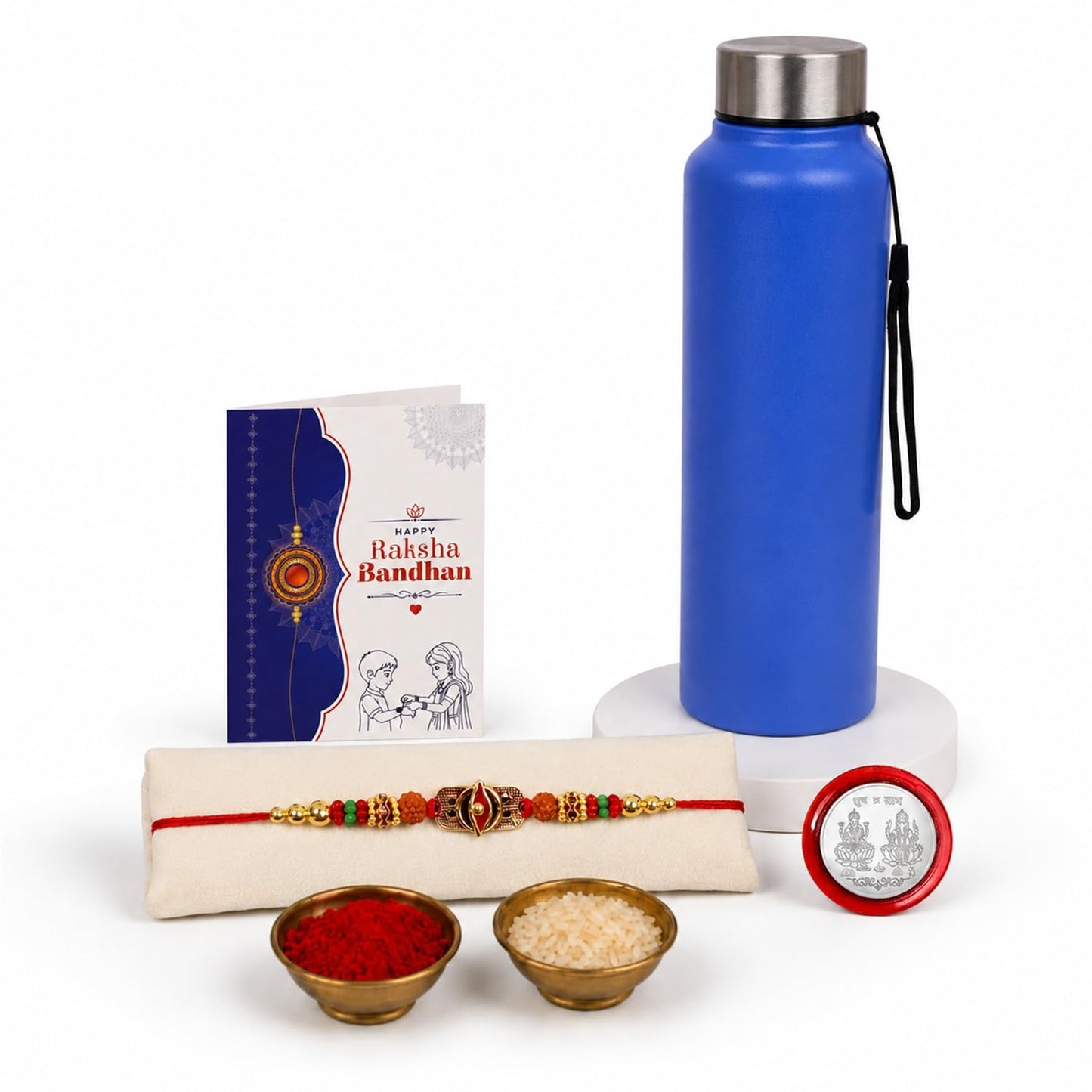 Trinetra Rakhi Combo - Raksha Bandhan Gift with SS Water Bottle 1000ml, Pack of 5