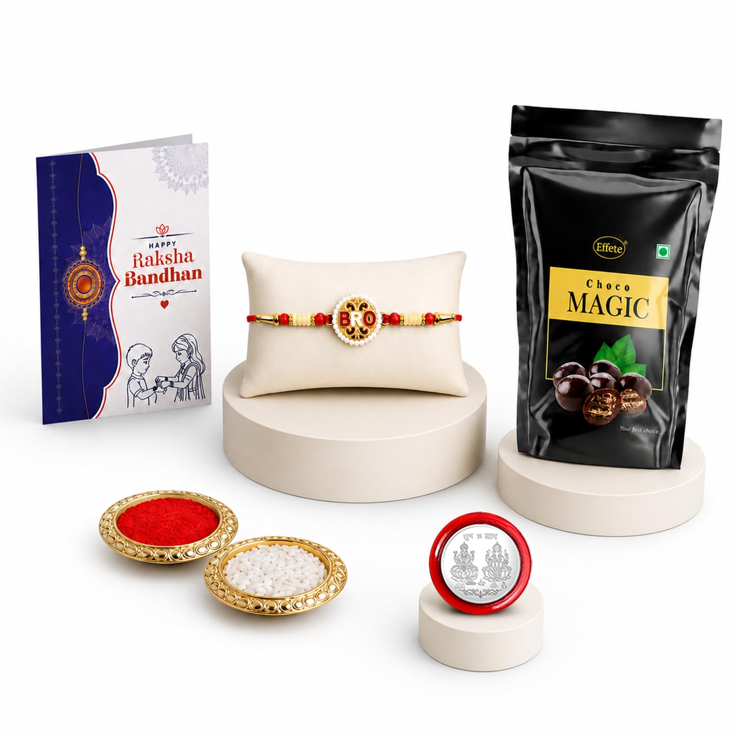 Bro Rakhi for Brother with Choco Magic Standy Pouch, Roli Tikka & Card, Pack of 5