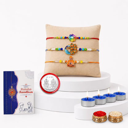 Swami Maharaj Rakhi Combo - Raksha Bandhan Gift with Tealight Candles 4pcs, Pack of 7