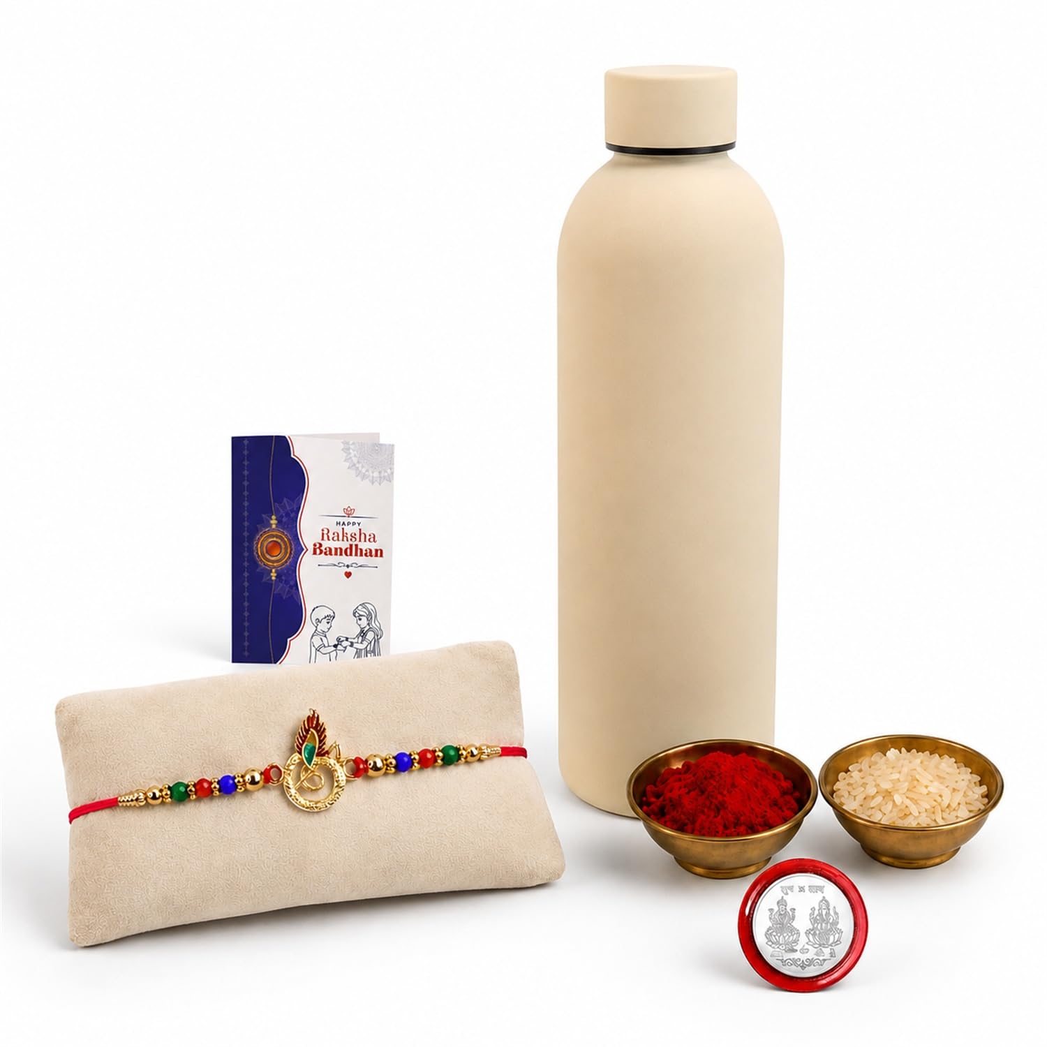 Feather Rakhi Combo - Raksha Bandhan Gift with SS Water Bottle 500ml, Pack of 5 for Bhaiya