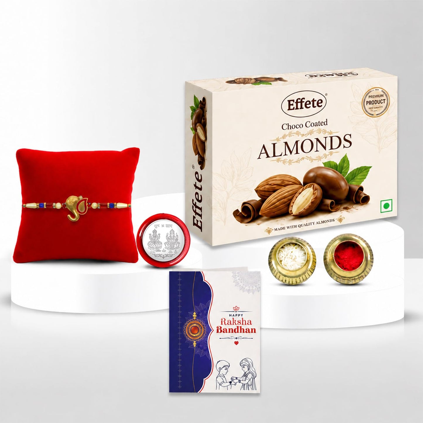 Ganesha Rakhi for Brother with Choco Almonds 32gm, Roli Chawal & Card, Pack of 5