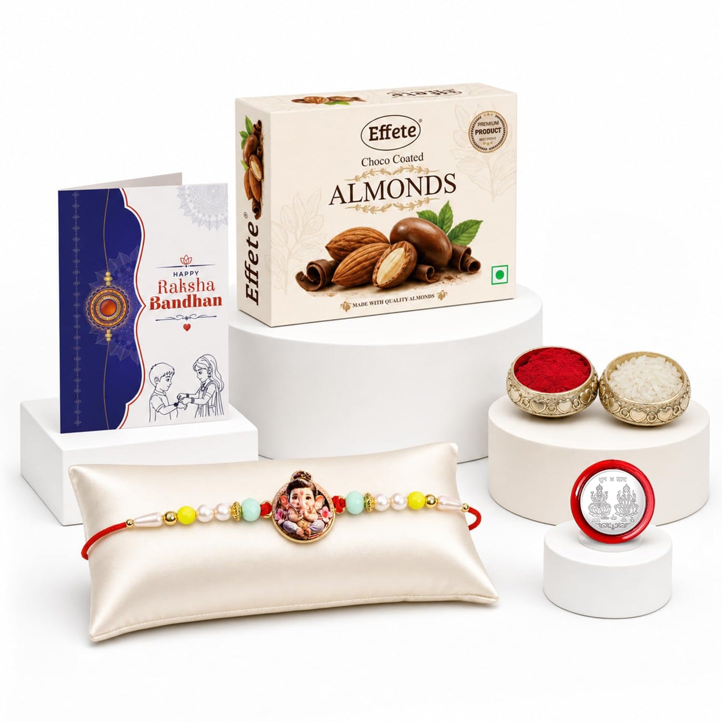Little Ganesha Rakhi for Brother with Choco Almonds 32gm, Coin & Card, Pack of 5