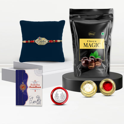 Elegant Rakhi for Brother with Choco Magic Pouch, Roli Chawal & Card, Pack of 5