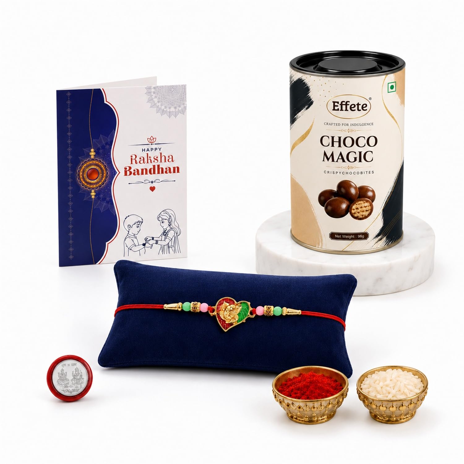Ganesha Rakhi for Brother with Chocolate Magic 96gm, Roli Tikka & Card, Pack of 5