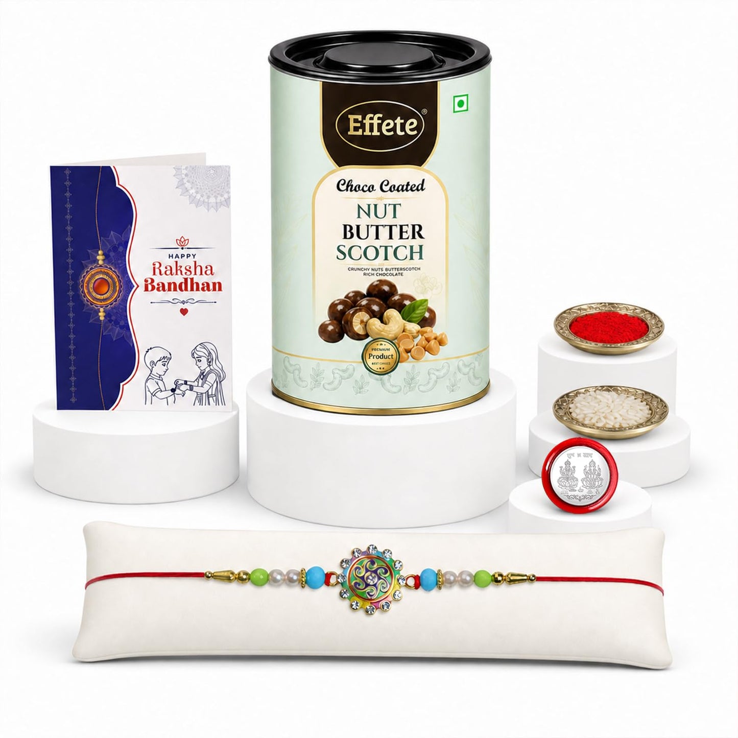 Round Shape Rakhi for Brother with Butter Scotch 96gm, Coin & Card, Pack of 5