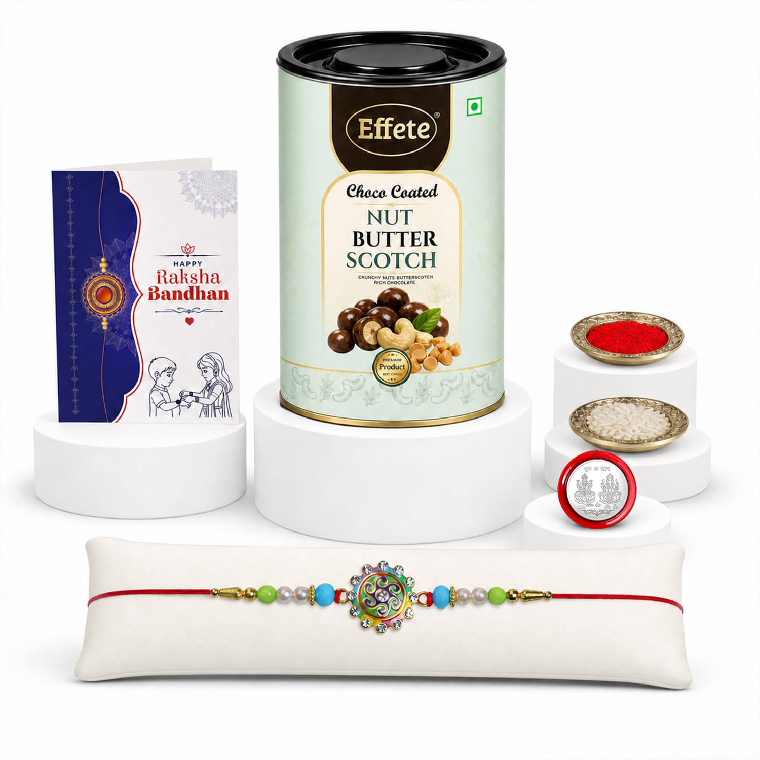 Round Shape Rakhi for Brother with Butter Scotch 96gm, Coin & Card, Pack of 5
