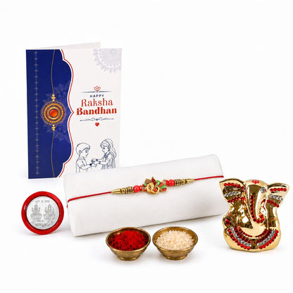 Rakhi for Brother – Ganesh Idol Beautiful Rakhi with Silver Color Pooja Coin, Roli Chawal and Greeting Card for Traditional Raksha Bandhan Festival Celebration for Bhai (Pack of 4)