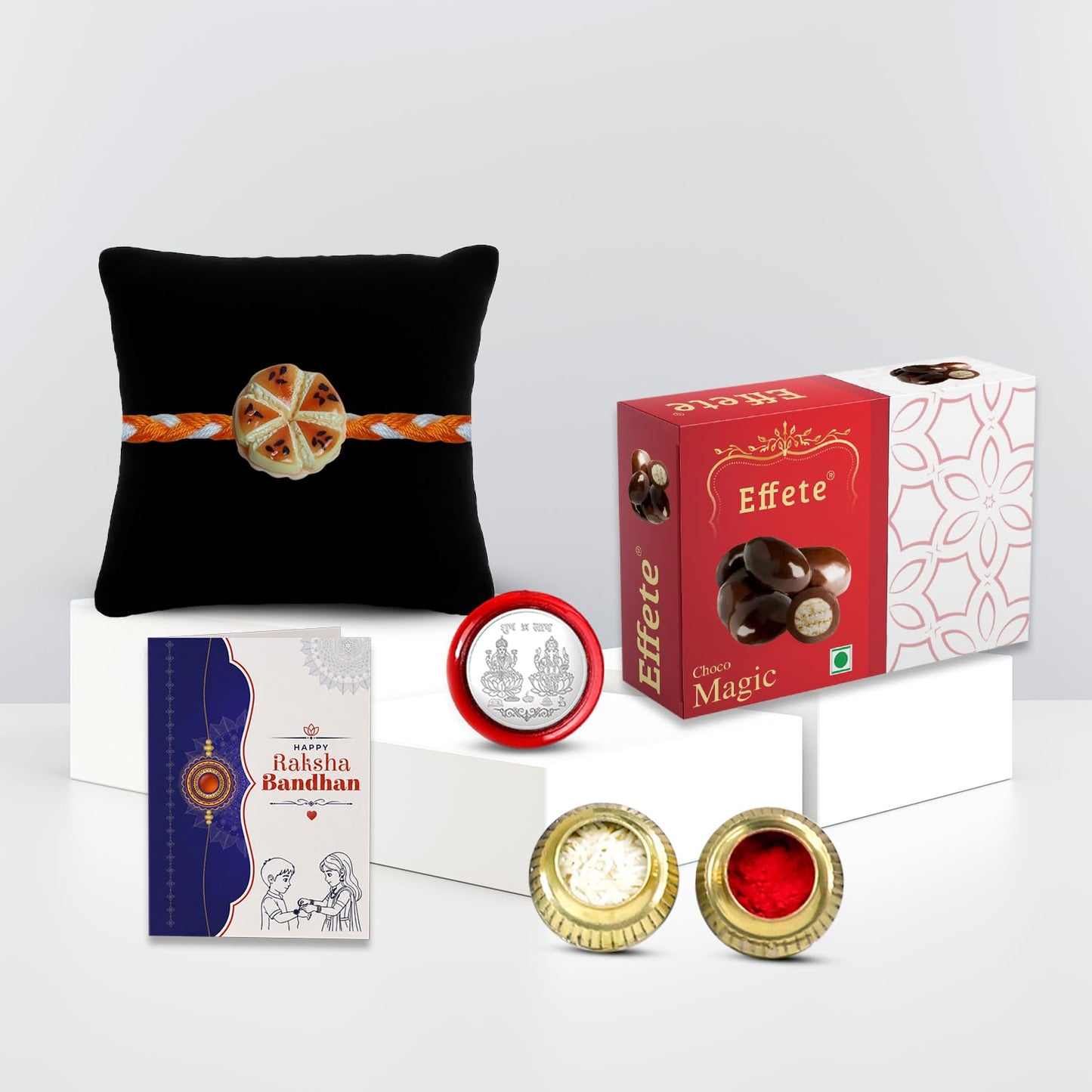 Cheese Cake Rakhi for Brother with Chocolate Magic 32gm, Coin & Card, Pack of 5
