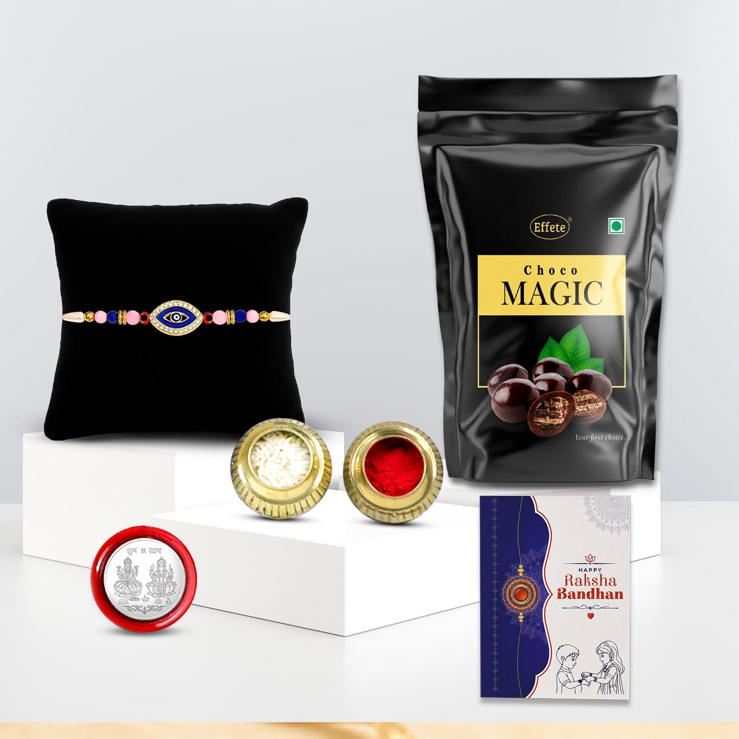Evil Rakhi for Brother with Choco Magic Pouch, Roli Chawal & Card, Pack of 5