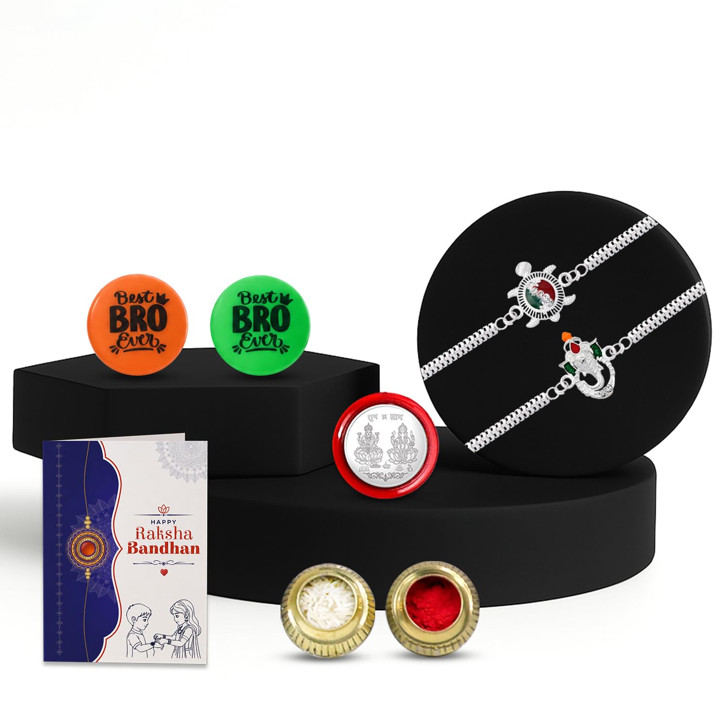 Rakhi Set for Brother (Set of 2) – Turtle & Ganesh Bracelet Combo with Roli Chawal, Silver Color Coin, Multicolour Magnets & Greeting Card – Traditional Raksha Bandhan Gift Hamper for Bhai