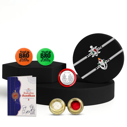 Rakhi Set for Brother (Set of 2) – Turtle & Ganesh Bracelet Combo with Roli Chawal, Silver Color Coin, Multicolour Magnets & Greeting Card – Traditional Raksha Bandhan Gift Hamper for Bhai