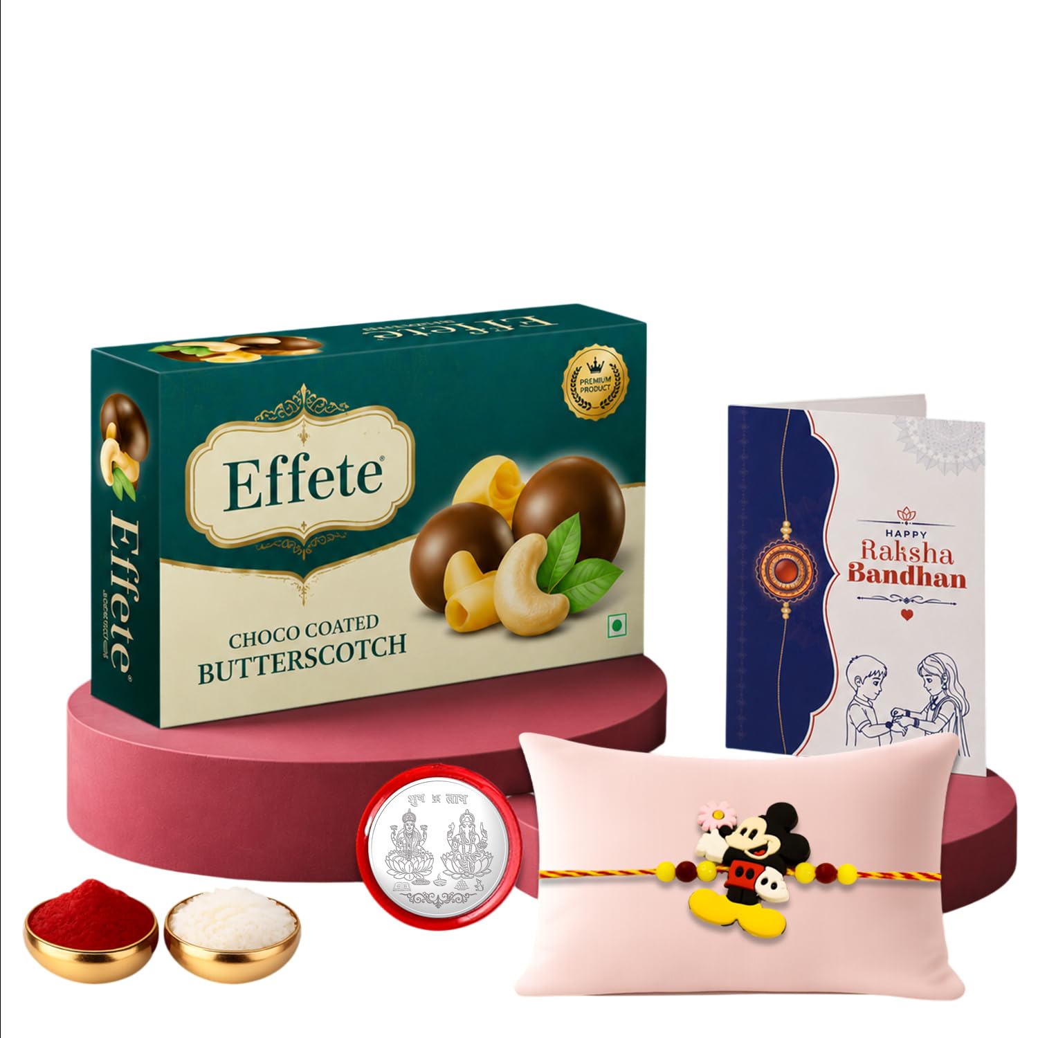 Mickey Rakhi for Brother with Butter Scotch 32gm, Roli Chawal & Card, Pack of 5