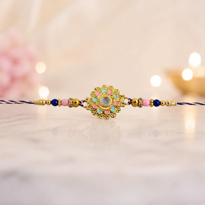 Stylish Elegant Rakhi for Brother with Choco Almonds 32gm, Coin & Card, Pack of 5