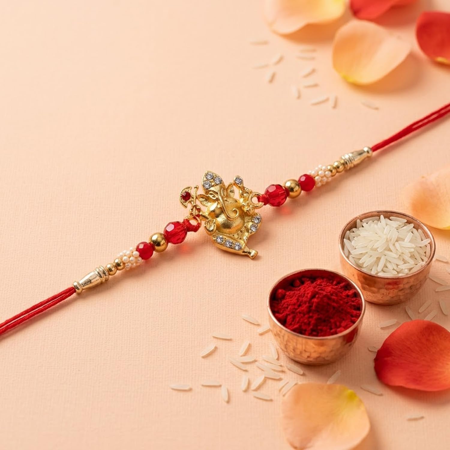 Ganesh Rakhi for Brother with Chocolate Magic 96gm, Roli Tikka & Card, Pack of 5