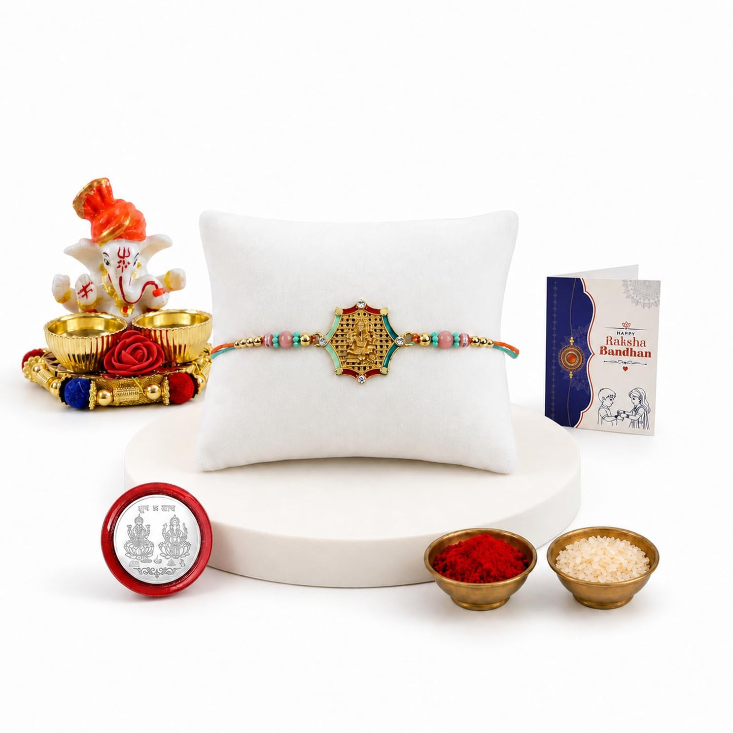 Deity Multicolor Rakhi for Brother & Bhaiya with Ganesha Pooja Thali | Pack of 5
