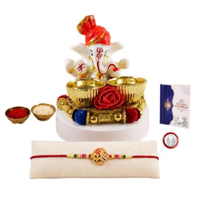 Round Multicolor Rakhi for Brother & Bhaiya with Ganesha Pooja Thali | Pack of 5