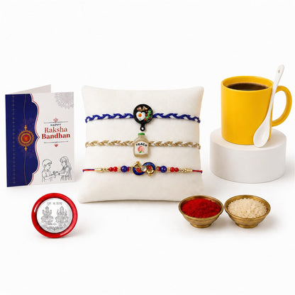 Bottle Multicolor Rakhi & Coffee Mug – Raksha Bandhan Gift Combo for Bhai (Pack of 7)