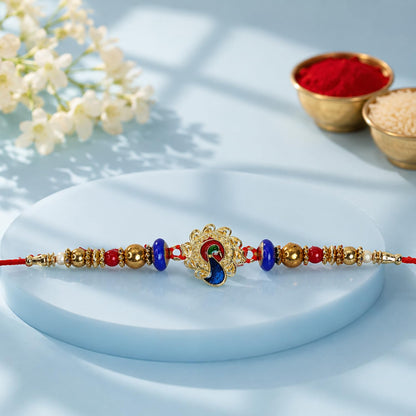 Peacock Rakhi for Brother with Choco Dryfruits 96gm, Roli Tikka & Card, Pack of 5