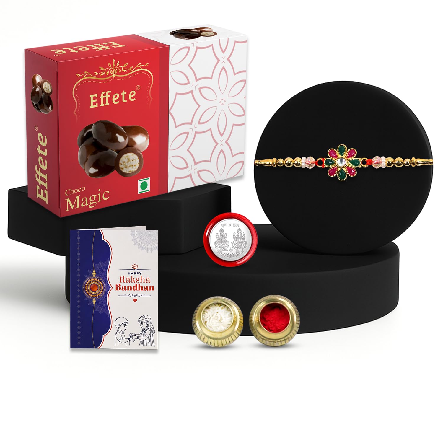 Flower Rakhi for Brother with Chocolate Magic 32gm, Roli Chawal & Card, Pack of 5