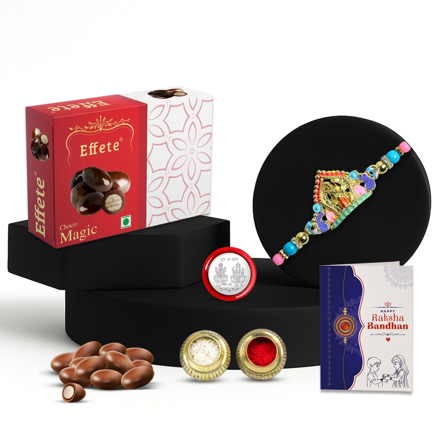 Festive Hamper Rakhi for Brother with Choco Magic 32gm, Coin & Card, Pack of 5