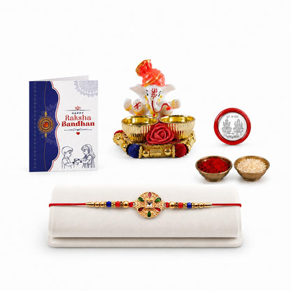 Round Multicolor Rakhi for Brother & Bhaiya with Ganesha Pooja Thali | Pack of 5