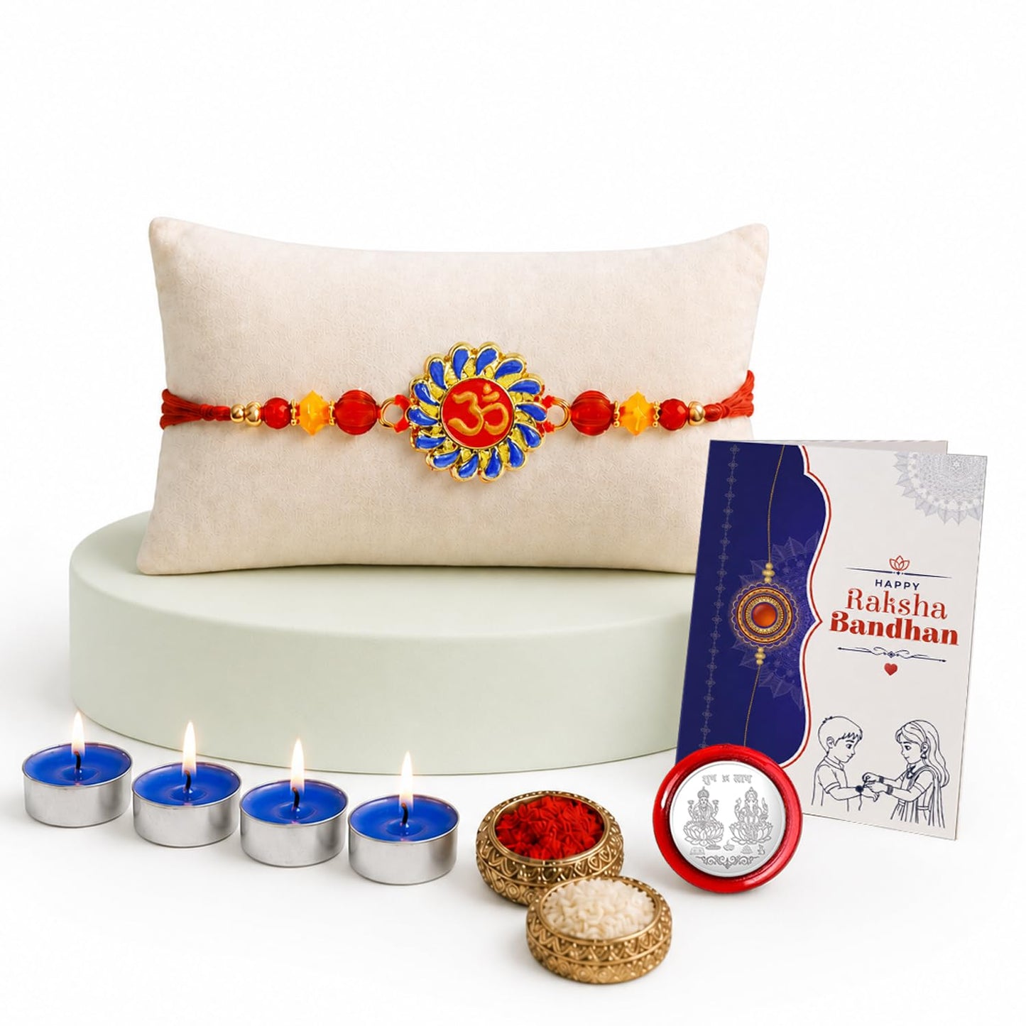 Om Rakhi for Brother with Candles 4pcs, Roli Tikka, Pooja Coin & Card, Pack of 5