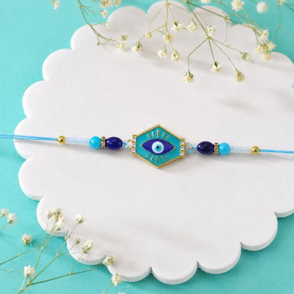 Evil Eye Rakhi for Brother with Choco Almonds 96gm, Roli Tikka & Card, Pack of 5