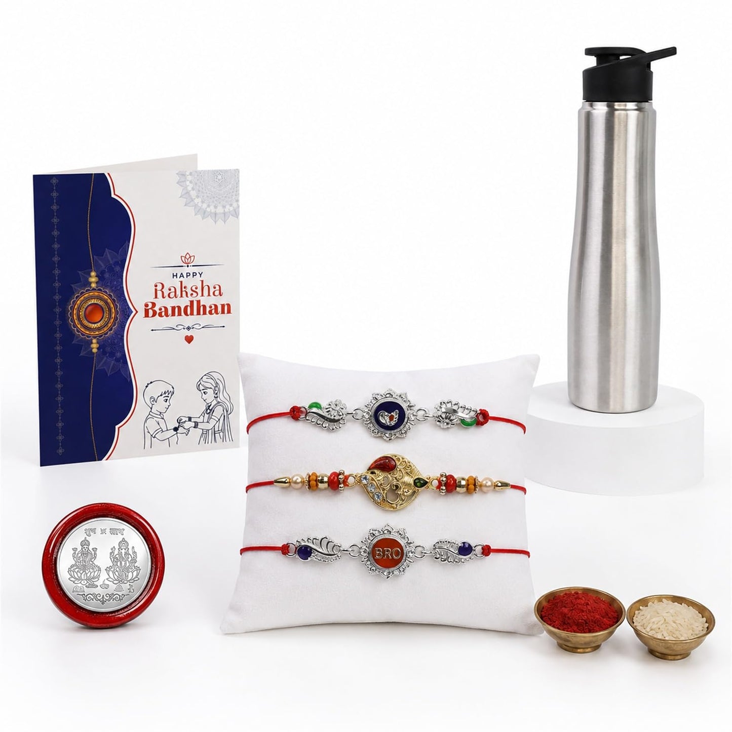 Peacock, Bro, OM Multicolor Rakhi for Brother & Bhaiya with Stainless | Pack of 7
