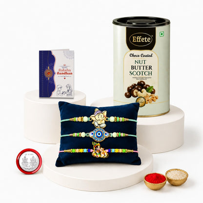 Ganesha Rakhi Combo - Raksha Bandhan Gift with Choco Butterscotch 96gm, Pack of 7