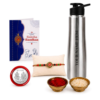 Swastika Style Rakhi for Brother & Bhaiya with Customized Stainless Steel Water
