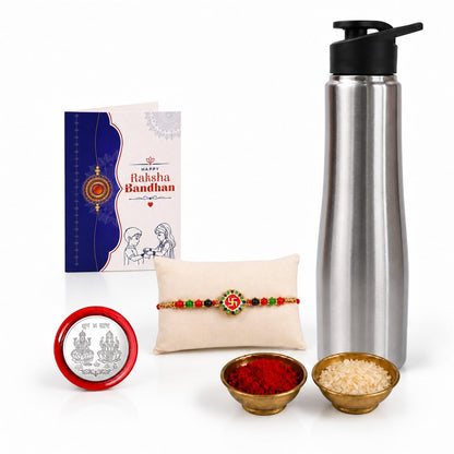 Swastika Style Rakhi for Brother & Bhaiya with Customized Stainless Steel Water