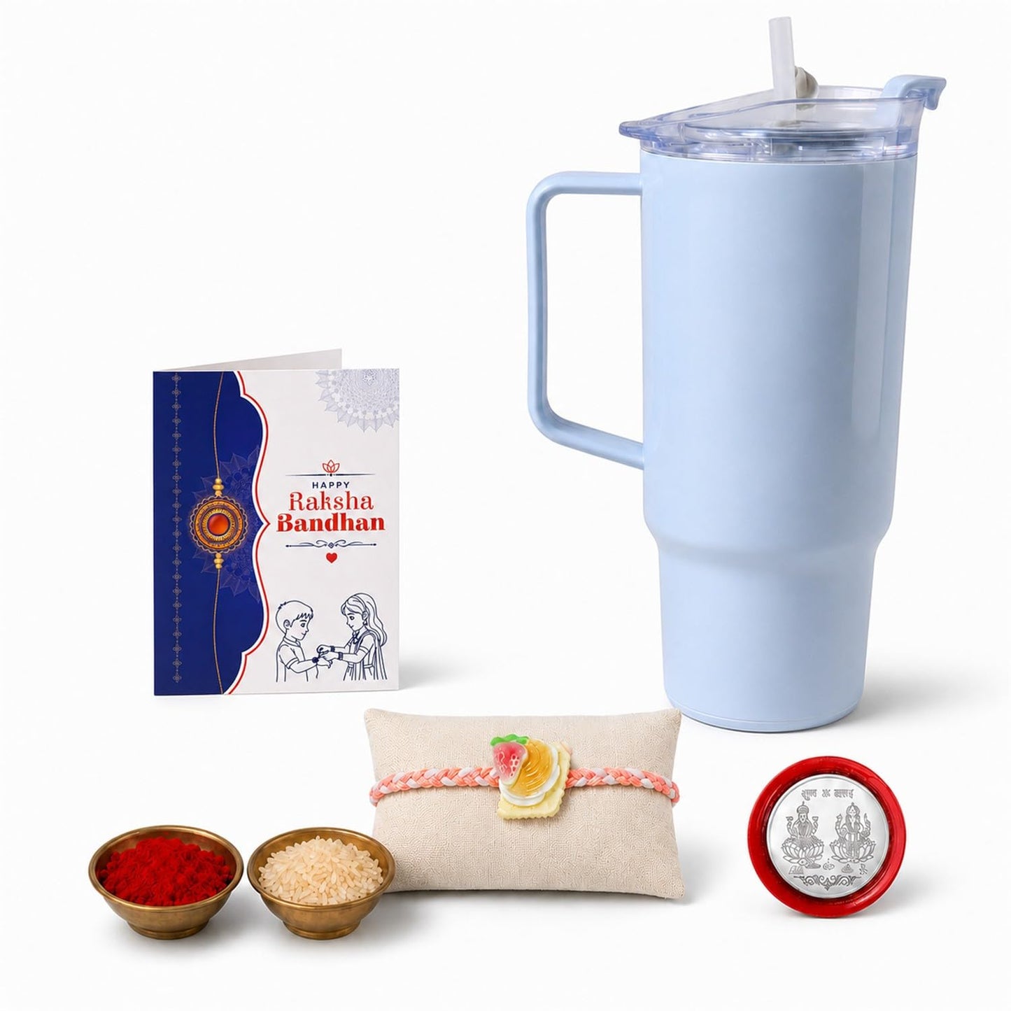 Food Multicolor Rakhi for Brother & Bhaiya with Travel Tumbler-1800ml | Pack of 5