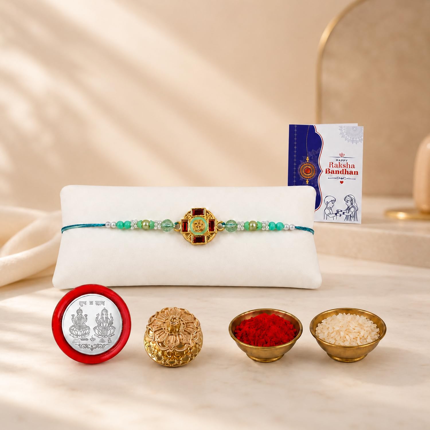 Om Multicolor Rakhi for Brother & Bhaiya with Golden Pooja Kankavati | Pack of 5