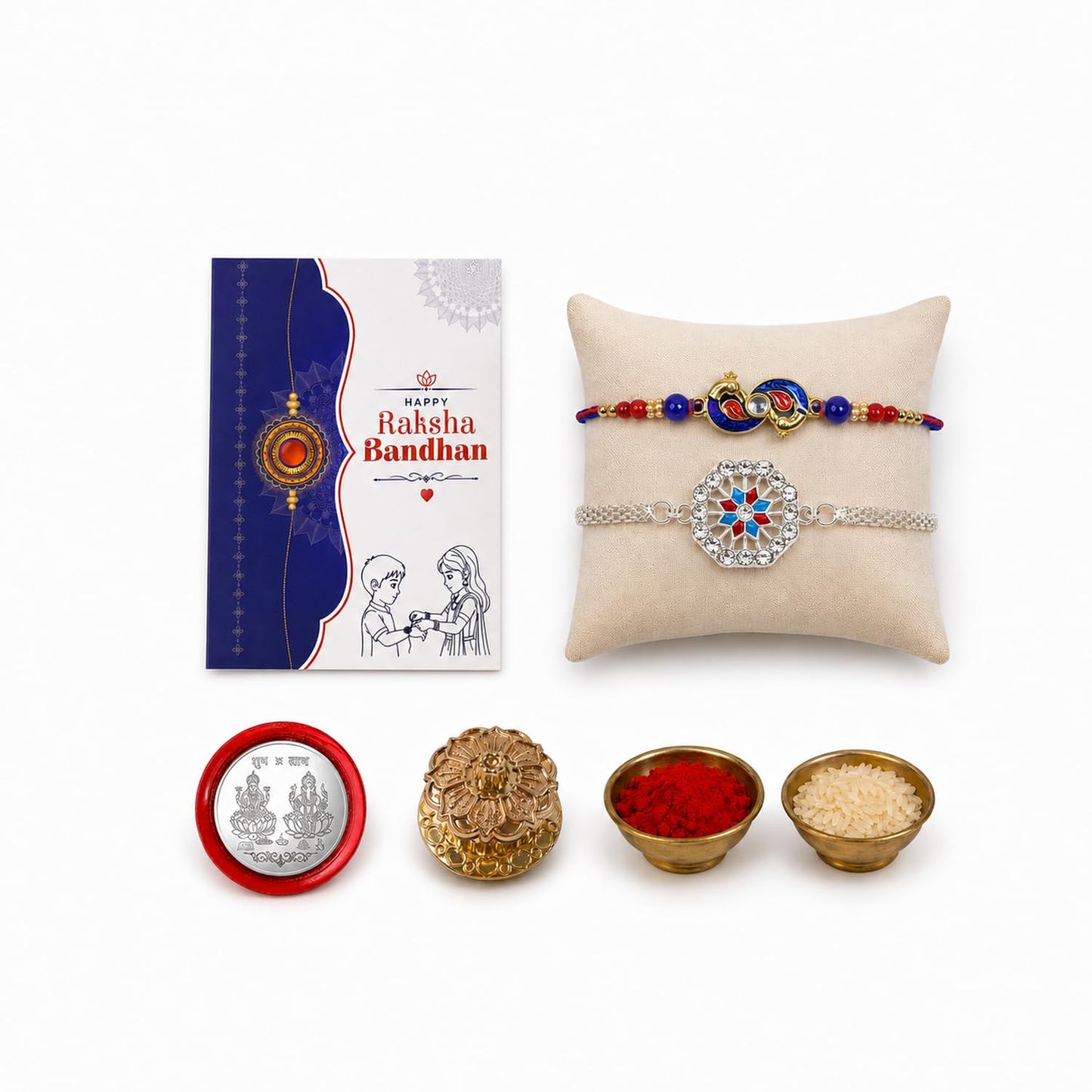 Peacock Rakhi Combo - Raksha Bandhan Gift with Golden Pooja Kankavati, Pack of 6