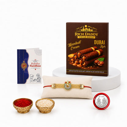 Ganesha Rakhi for Brother with Hazelnut Wafer Rolls, Roli Tikka & Card, Pack of 5