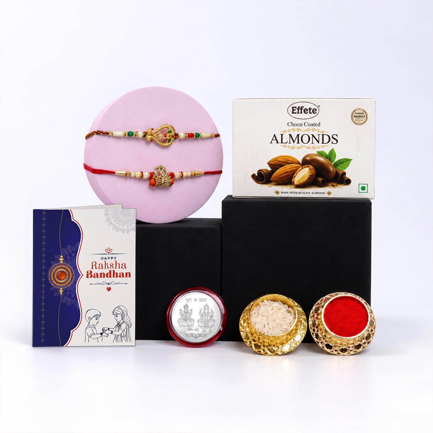 Multicolor OM Damru and Rakhi for Brother with Chocolate Almonds 32gm, Pack of 6