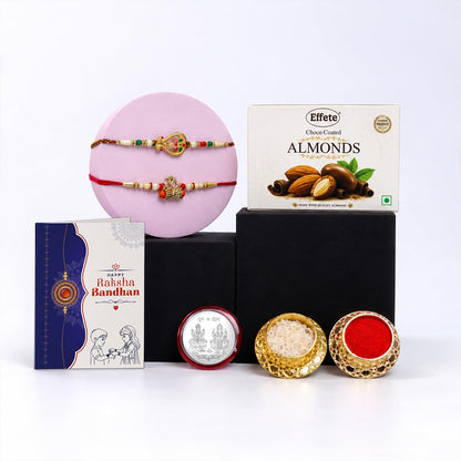 Multicolor OM Damru and Rakhi for Brother with Chocolate Almonds 32gm, Pack of 6