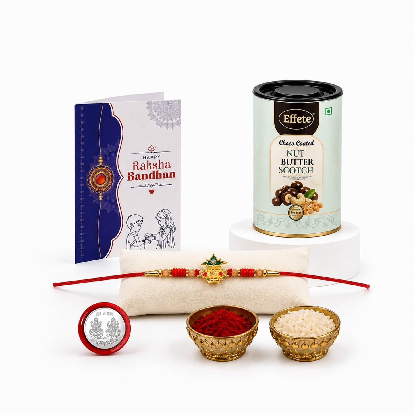 Kalash Rakhi for Brother with Butter Scotch 96gm, Roli Tikka & Card, Pack of 5